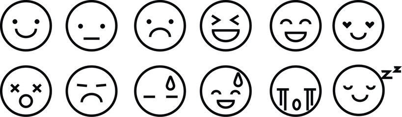 Emoticons set. Emoji faces collection. Emojis flat style. Happy and sad emoji. Line smiley face  vector. illustration - obrazy, fototapety, plakaty