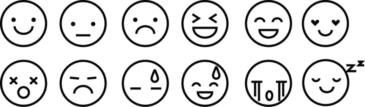 Emoticons set. Emoji faces collection. Emojis flat style. Happy and sad emoji. Line smiley face  vector. illustration