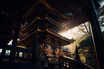 close-up of intricate details in japanese pagoda, with rays of light shining through, created with generative ai