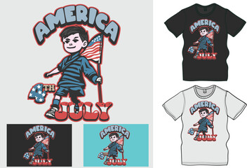 American Boy Takes an American flag retro illustration of  4th July, The Ultimate Collection of Independence Day T-Shirt Designs, Celebrate 4th of July in Style