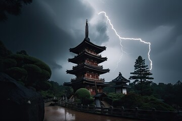 japanese pagoda under a stormy sky with lightning and thunder, created with generative ai