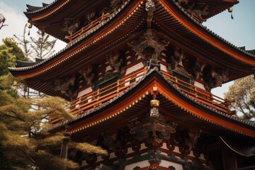 Fototapeta premium close-up of japanese pagoda, showcasing intricate details and patterns, created with generative ai