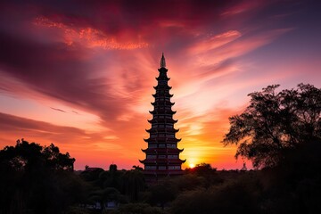 summer sunset, with view of the majestic pagoda against a vibrant pink sky, created with generative ai