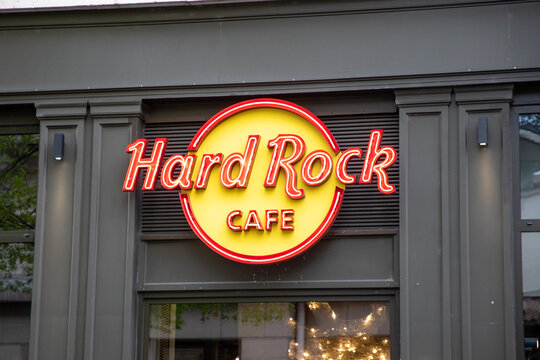 Hard Rock Cafe sign text and brand logo lyon city facade chain signboard coffee shop company