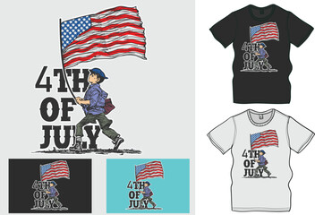 American Boy Takes an American flag retro illustration of  4th July, The Ultimate Collection of Independence Day T-Shirt Designs, Celebrate 4th of July in Style