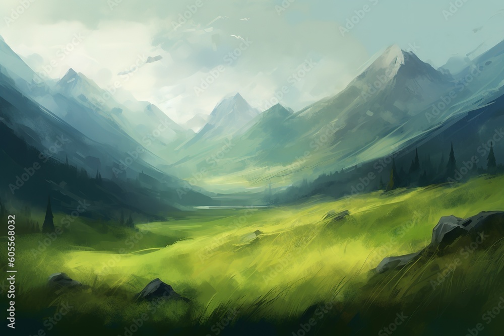 Poster a picture depicting a mountainous setting with grass of a green color generative ai