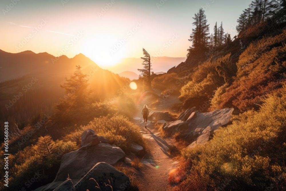 Poster scenic hike through mountains, with a view of the sunrise, created with generative ai