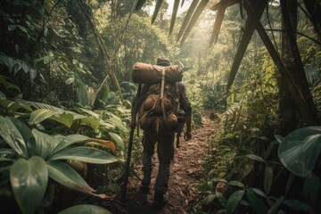 adventure traveler making their way through dense jungle, with backpack on their back and machete in hand, created with generative ai