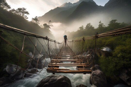 Fototapeta adventure traveller crossing rope bridge over raging river, with misty mountains in the background, created with generative ai
