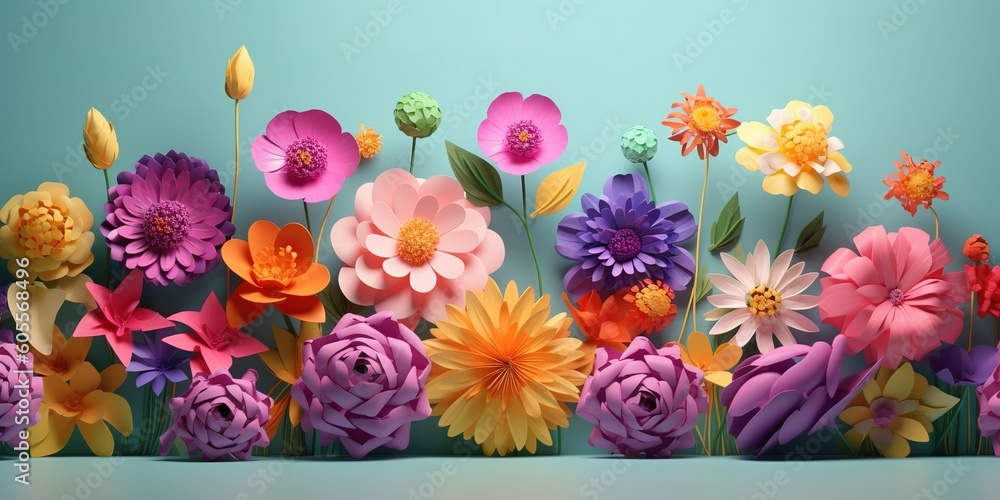 Poster a collection of brightly colored flowers that are displayed on a table generative ai