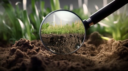 Soil seen through a magnifying glass, focusing on the soil pollution. Created with generative AI technology. - obrazy, fototapety, plakaty