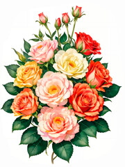 Colorful roses on white background, watercolor style. Generative AI