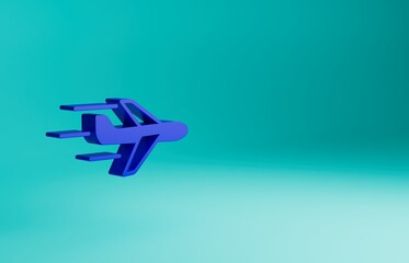 Blue Plane icon isolated on blue background. Flying airplane icon. Airliner sign. Minimalism concept. 3D render illustration