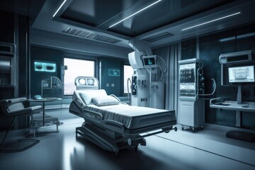 hospital room, with futuristic equipment keeping patient alive, created with generative ai