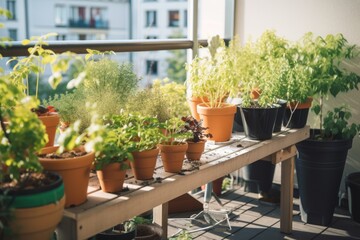 gardening tools, growing plants, and potted herbs in the city, created with generative ai
