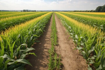 Fototapeta premium row of genetically modified crops growing in field, created with generative ai