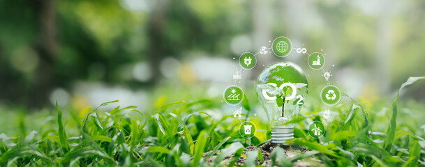 co2 concept carbon dioxide emissions renewable energy environmental protection Sustainable Renewable Energy Sources A green world map sits on a light bulb representing green energy.