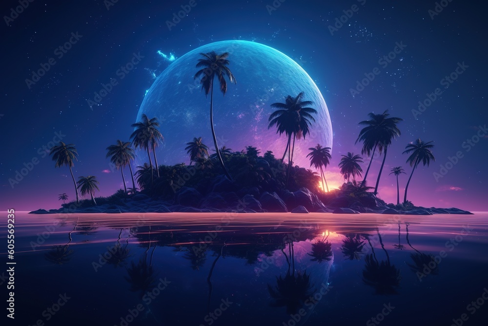 Poster a paradisiacal island with swaying palm palms and a bright full moon generative ai