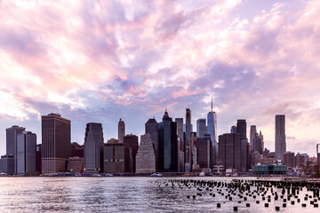 Manhattan skyline in New York at sunset