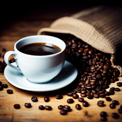 Close up of coffee cup and beans on retro vintage wood table with cinematic style , created with generative AI technology