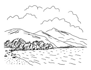 Simple black outline vector drawing. Sea coast, stones and rocks, bushes. Mountains and clouds. Summer landscape, wild beach. Sketch. Tourism and travel.