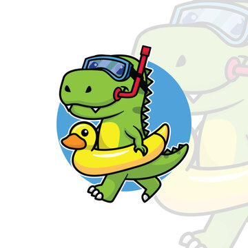 cute dinosaur with inflatable ring and googles diving cartoon design