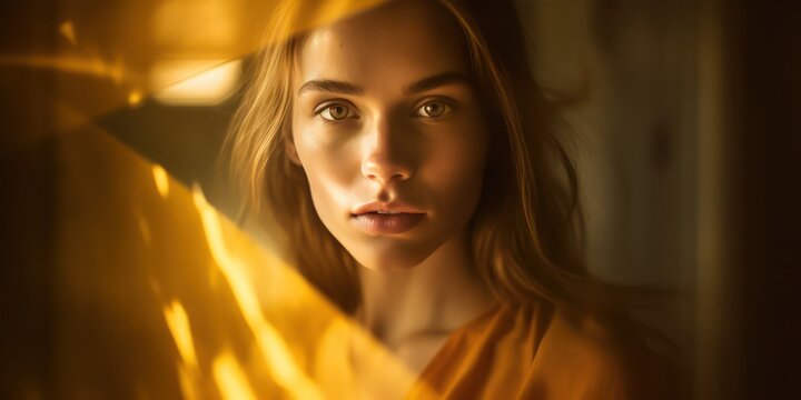 Portrait of a young beautiful caucasian woman. Light amber and gold lighting. Created with generative AI technology.