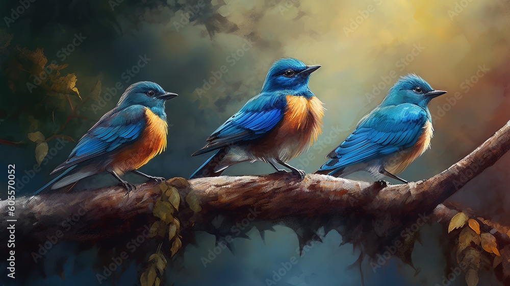 Poster there are three birds perched on a branch that is covered with leaves. generative ai