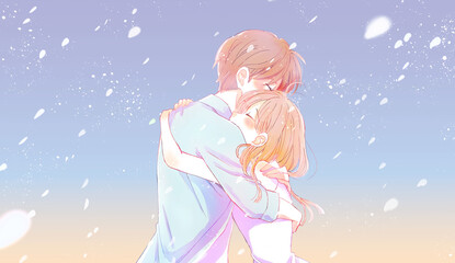 花吹雪の中抱き合う男女　夏　夕暮れ