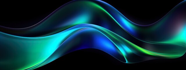 Glowing lines in green and blue on a black background, abstract light waves flowing in motion. Luxury fractal backdrop. Generative AI.
