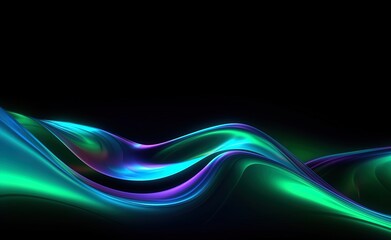 Glowing lines in green and blue on a black background, abstract light waves flowing in motion. Luxury fractal backdrop. Generative AI.