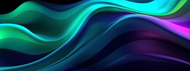 Fototapeta premium Glowing lines in green and blue on a black background, abstract light waves flowing in motion. Luxury fractal backdrop. Generative AI.