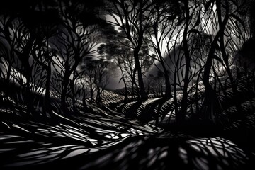 abstract and surreal landscape with intricate patterns of light and shadows, created with generative ai