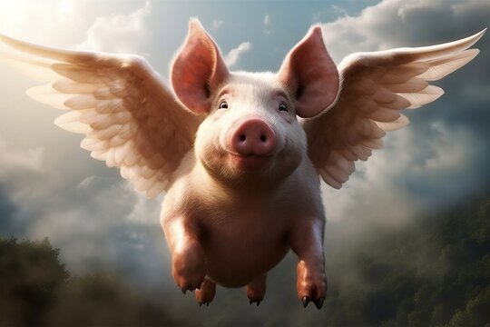 Whimsical Image Flying Pig with Wings. Generative AI