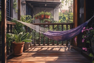 Fototapeta na wymiar A painting of a balcony with a hammock, potted plants, and purple flowers in the background. Generative AI