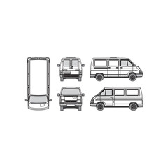 outline of van, year 1998, isolated white background, front, back, top and side view