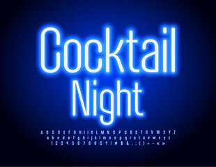 Vector glowing Poster Cocktail Night. Bright Blue Font. Trendy Neon Alphabet Letters and Numbers set