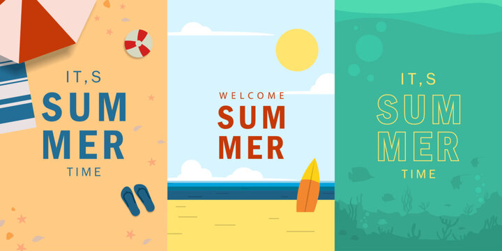 summer scene design with beach, sky and undersea scene. Summer time theme flat design vector illustration. for banner, poster, social media, promotion