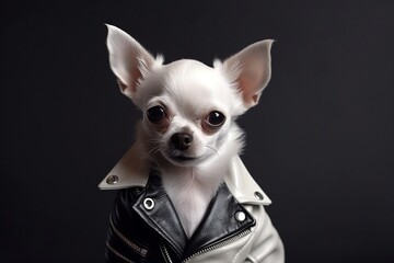 Stylish White Chihuahua Sporting a Leather Jacket. Generative AI