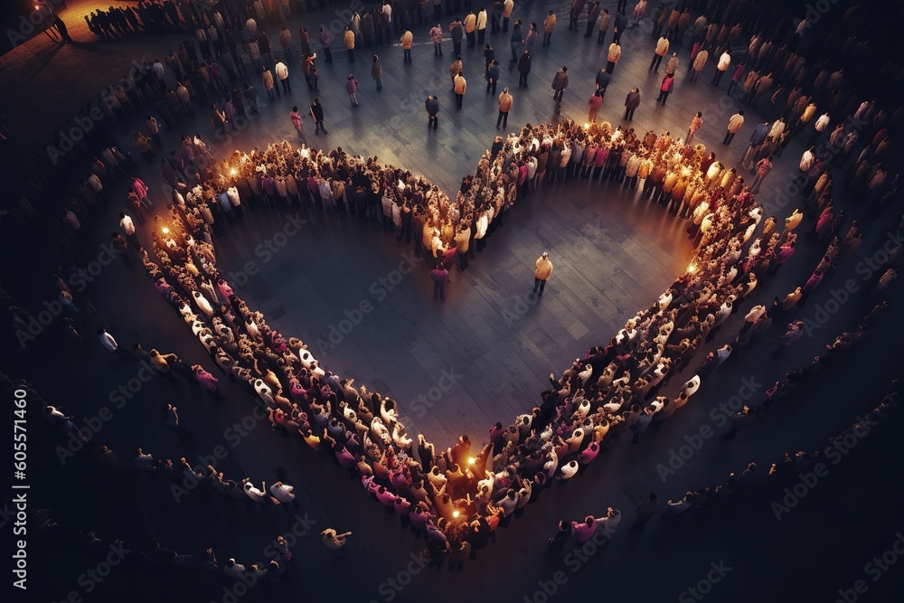 Poster a vast number of individuals arranged themselves in the form of a heart. generative ai