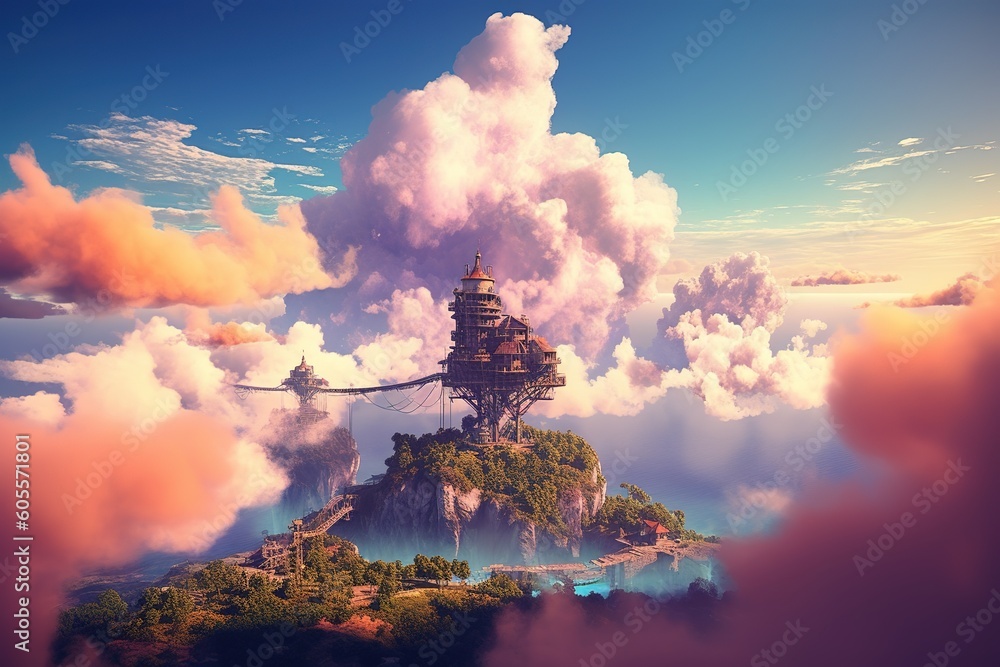 Poster a tower on an island that is completely engulfed in mist generative ai