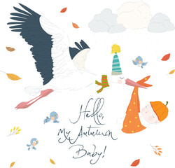Stork flying in the Sky with Baby. Baby Shower Card. Vector Illustration