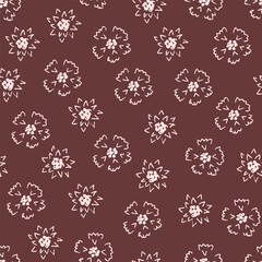 Simple abstract floral vector seamless pattern. Light flowers on a brown-burgundy background. For printing on fabrics, textiles, clothing, men's shirts.