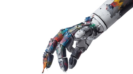 The robot's hand is covered in colorful paint. Generative AI.