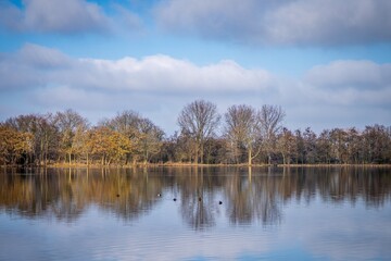 Obraz premium Autumn landscape with lake, trees and blue sky with clouds.