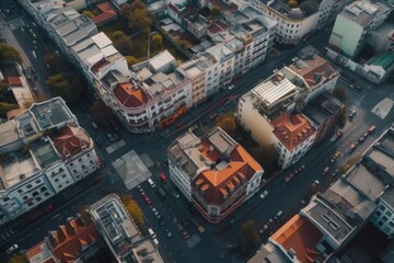 drone view of busy city center with aerial shots of the bustling streets and buildings, created with generative ai