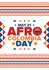 Afro-Colombian Day in Colombia. Celebrate annual in May 21. Freedom day poster. National holiday. Colombian flag. Afro-Colombian culture, history and heritage. Tradition pattern. Vector illustration