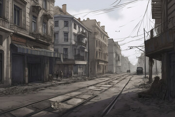 Fototapeta na wymiar An illustration of a deserted city street in Ukraine, showcasing signs of conflict such as barricades and graffiti, depicting the impact of war on urban life.