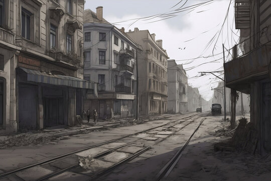 An illustration of a deserted city street in Ukraine, showcasing signs of conflict such as barricades and graffiti, depicting the impact of war on urban life.