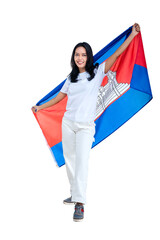 Asian women celebrate Cambodia independence day on 09 November by holding the Cambodia flag